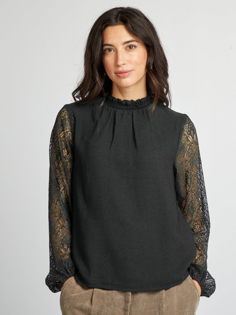 Blouse fluide avec col volanté et manches en dentelle noir - Kiabi