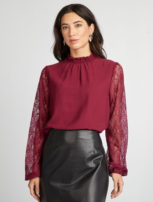 Blouse fluide avec col volanté et manches en dentelle - Kiabi