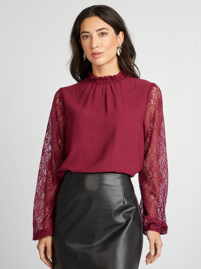 Blouse fluide avec col volanté et manches en dentelle Rouge - Kiabi