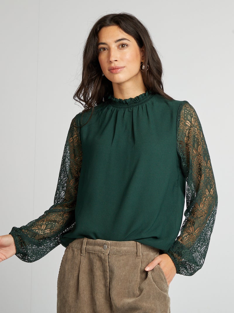 Blouse fluide avec col volanté et manches en dentelle Vert - Kiabi