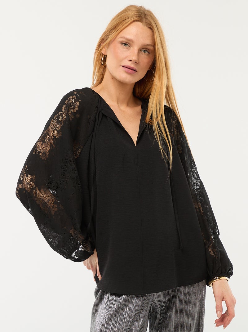 Blouse fluide avec manches en dentelle transparente Noir - Kiabi