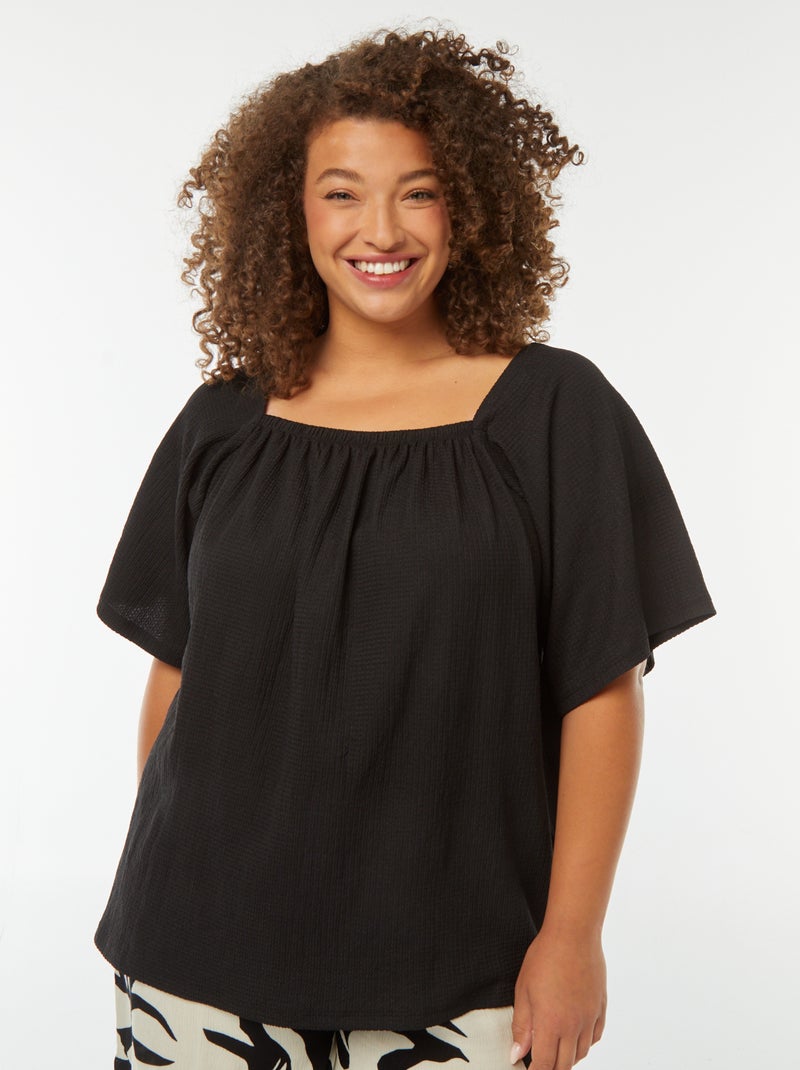 Blouse fluide encolure bardot en maille gaufrée noir - Kiabi