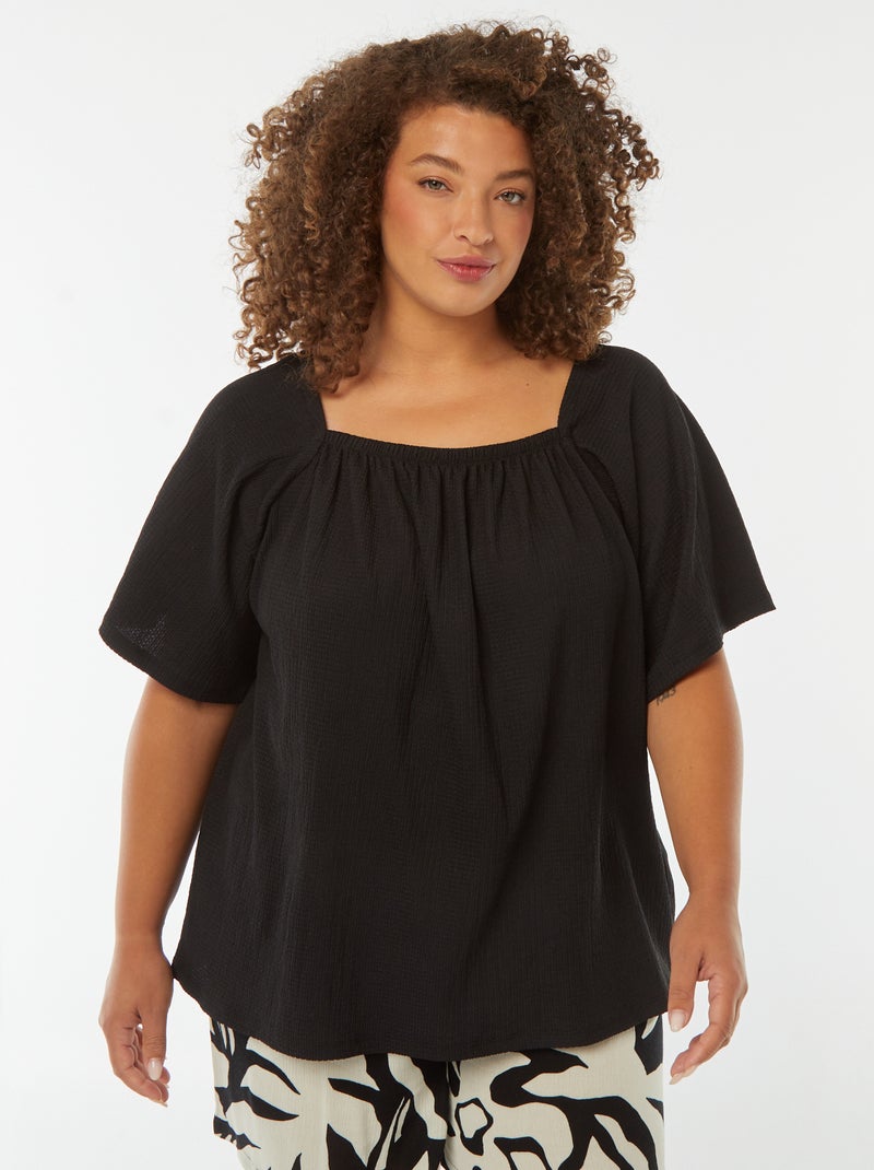 Blouse fluide encolure bardot en maille gaufrée noir - Kiabi
