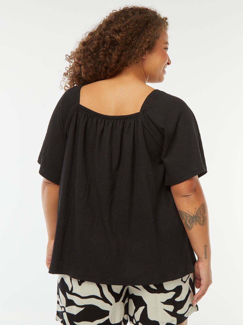 Blouse fluide encolure bardot en maille gaufrée noir - Kiabi