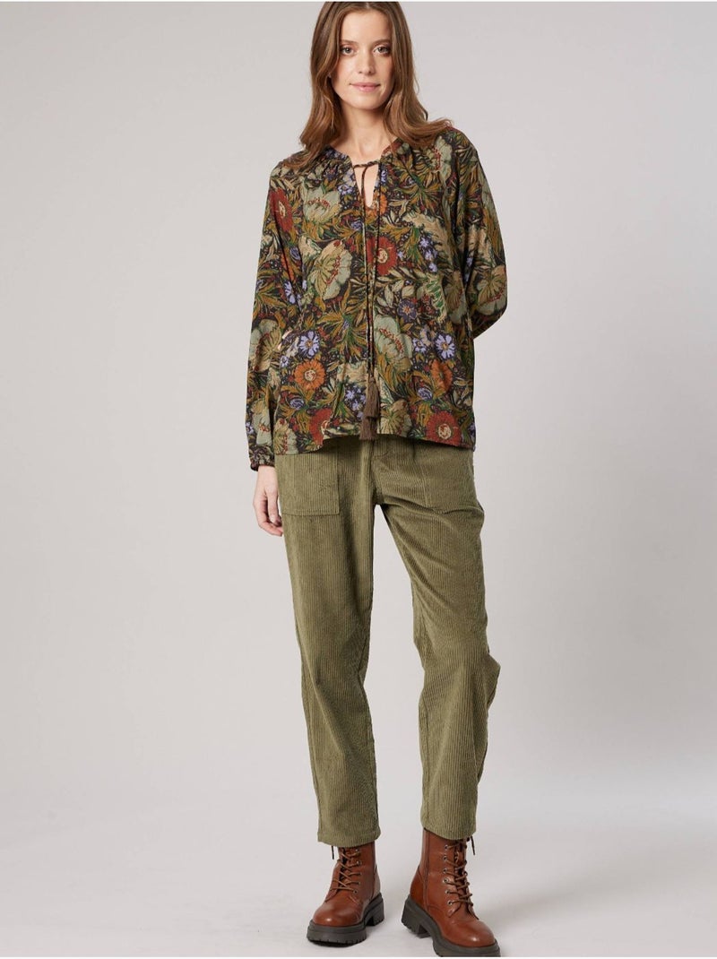 Blouse fluide femme imprimé fleuri 'deeluxe' Kaki - Kiabi