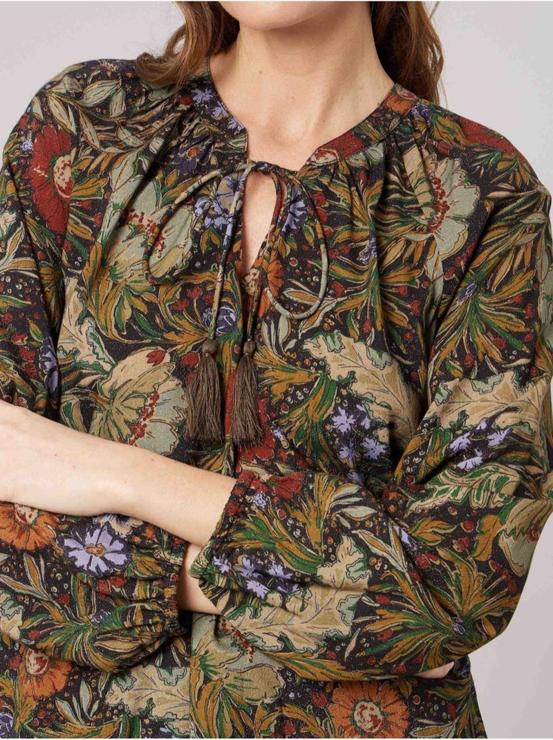 Blouse fluide femme imprimé fleuri 'deeluxe' Kaki - Kiabi
