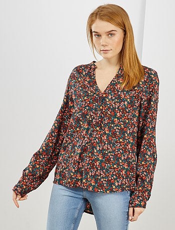 Blouse fluide fleurie col tunisien - Kiabi