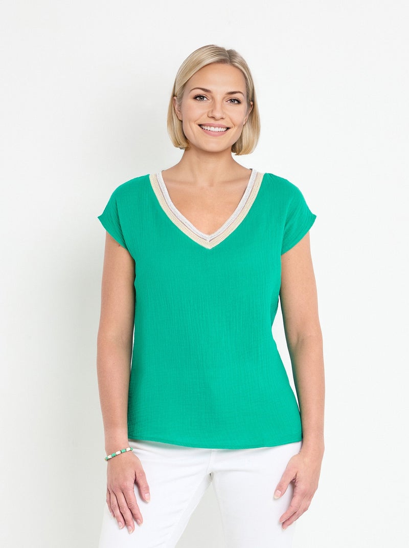 Blouse gaze de coton avec galon col V Vert - Kiabi