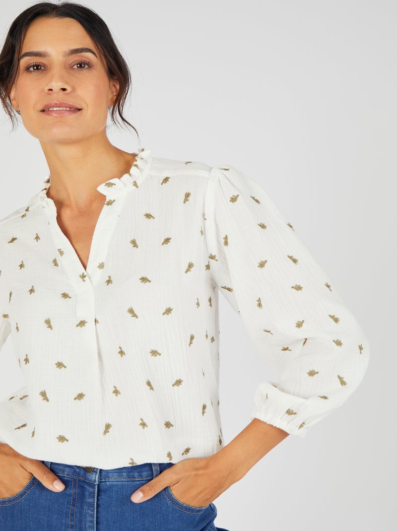 Blouse gaze pur coton brodée - Damart Blanc cassé - Kiabi