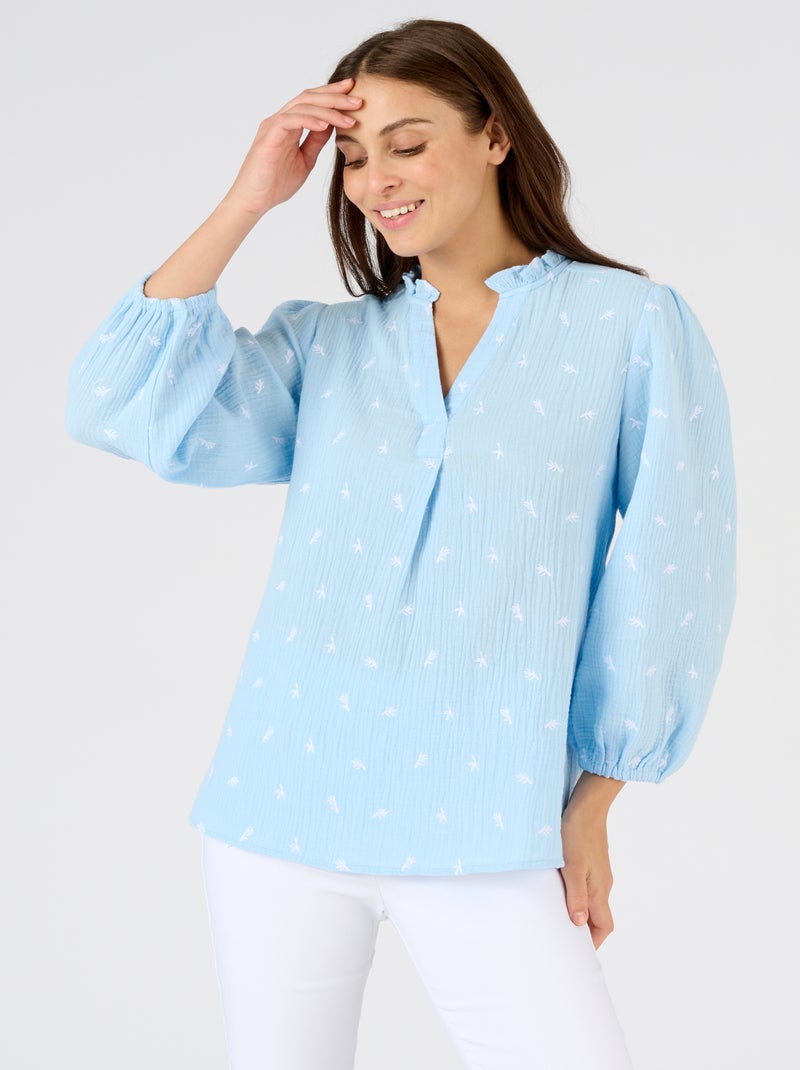 Blouse gaze pur coton brodée - Damart Bleu gris - Kiabi