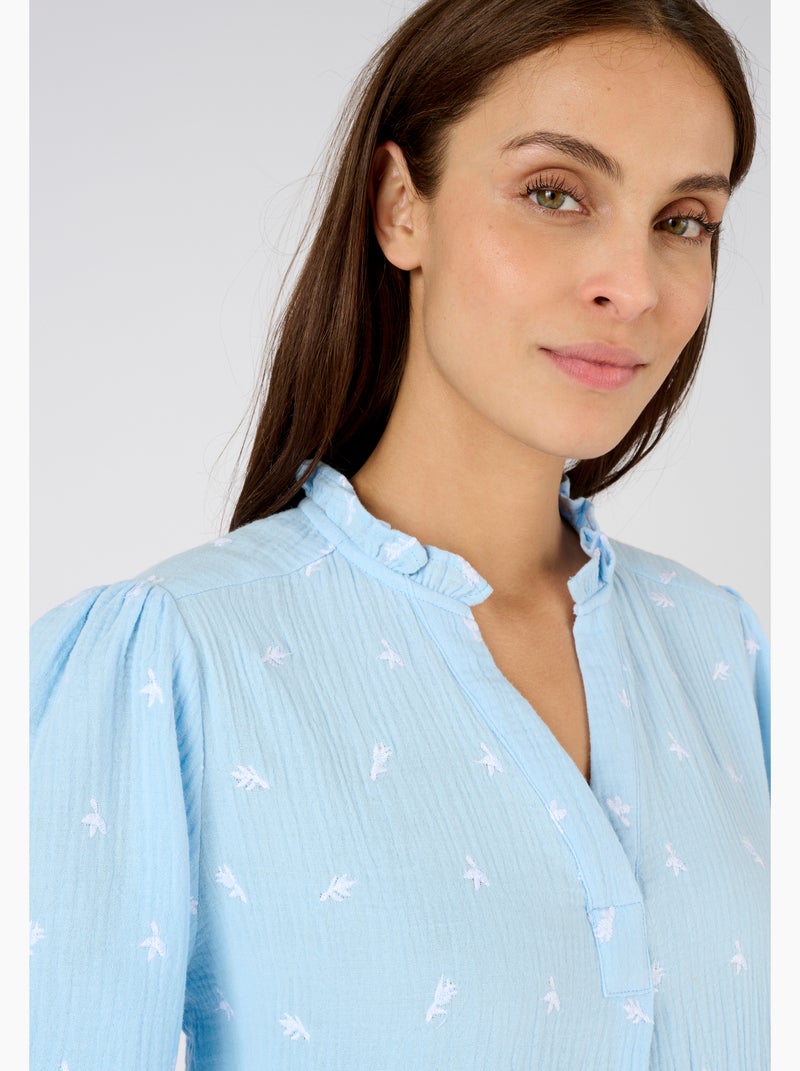 Blouse gaze pur coton brodée - Damart Bleu gris - Kiabi