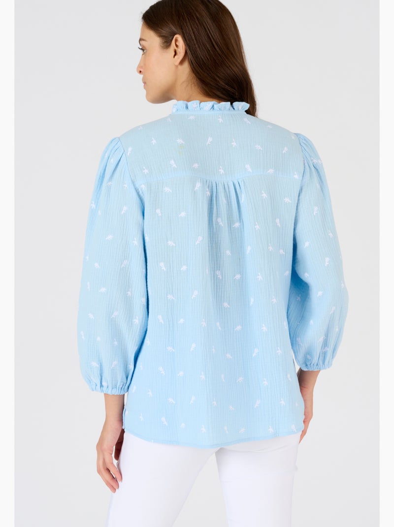 Blouse gaze pur coton brodée - Damart Bleu gris - Kiabi