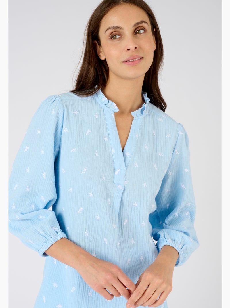 Blouse gaze pur coton brodée - Damart Bleu gris - Kiabi