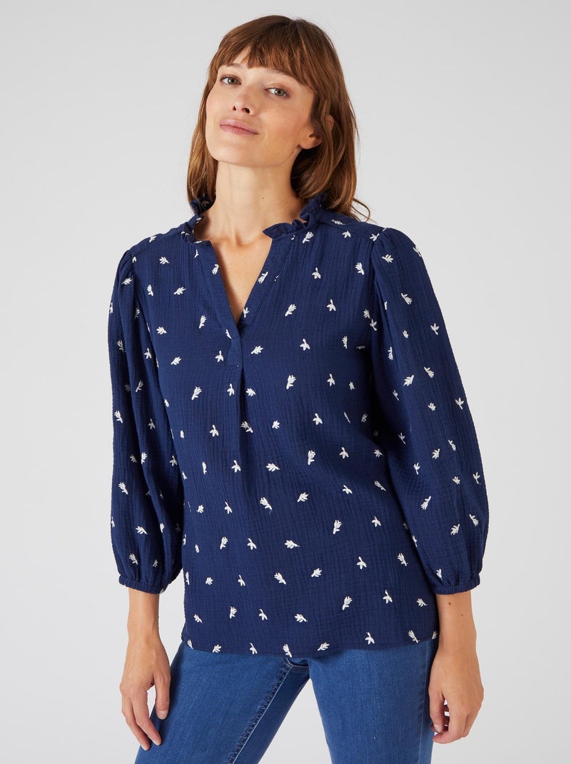 Blouse gaze pur coton brodée - Damart Bleu marine - Kiabi