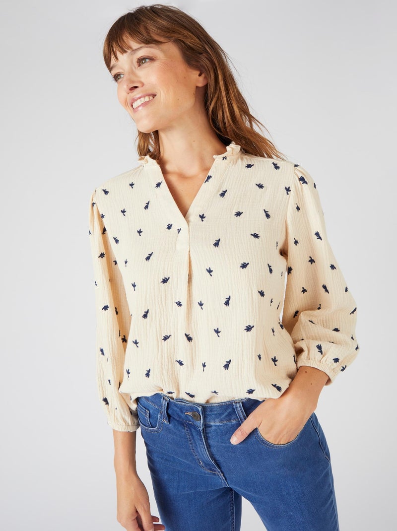 Blouse gaze pur coton brodée - Damart Ivoire - Kiabi