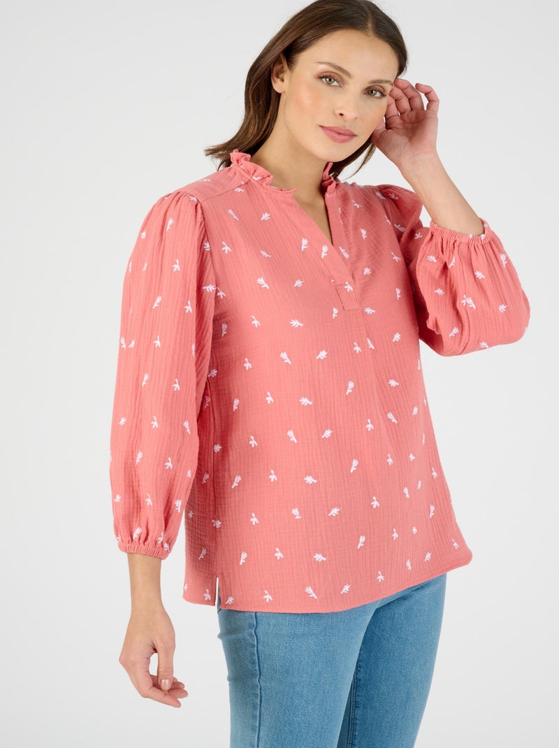 Blouse gaze pur coton brodée - Damart Rose - Kiabi