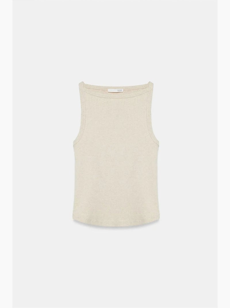 Blouse halter côtelée en coton dilvin Beige argile - Kiabi