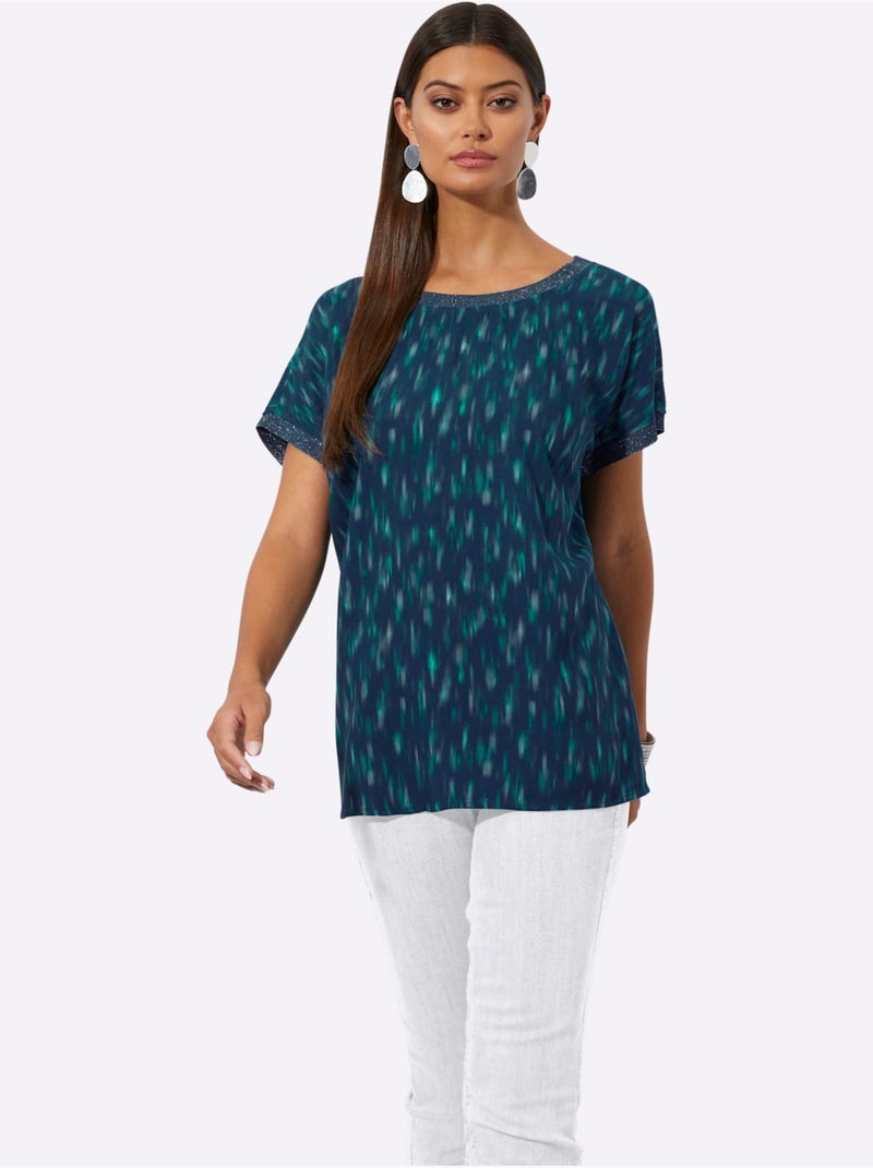 Blouse imprimé abstrait en viscose ECOVERO col rond et manches courtes - Taille standard - Helline Bleu Vert - Kiabi