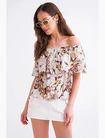 Blouse imprimé fleuri épaules dénudées mixray