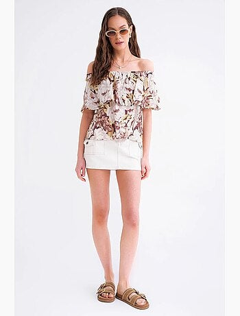 Blouse imprimé fleuri épaules dénudées mixray