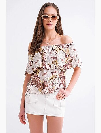 Blouse imprimé fleuri épaules dénudées mixray