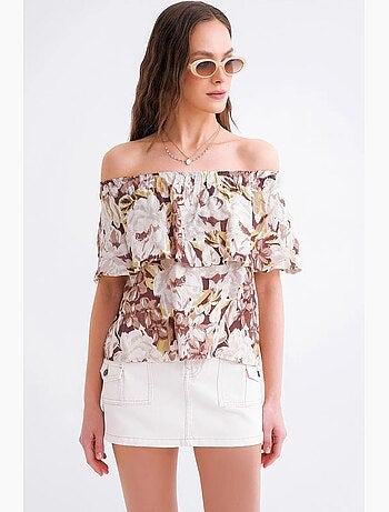 Blouse imprimé fleuri épaules dénudées mixray