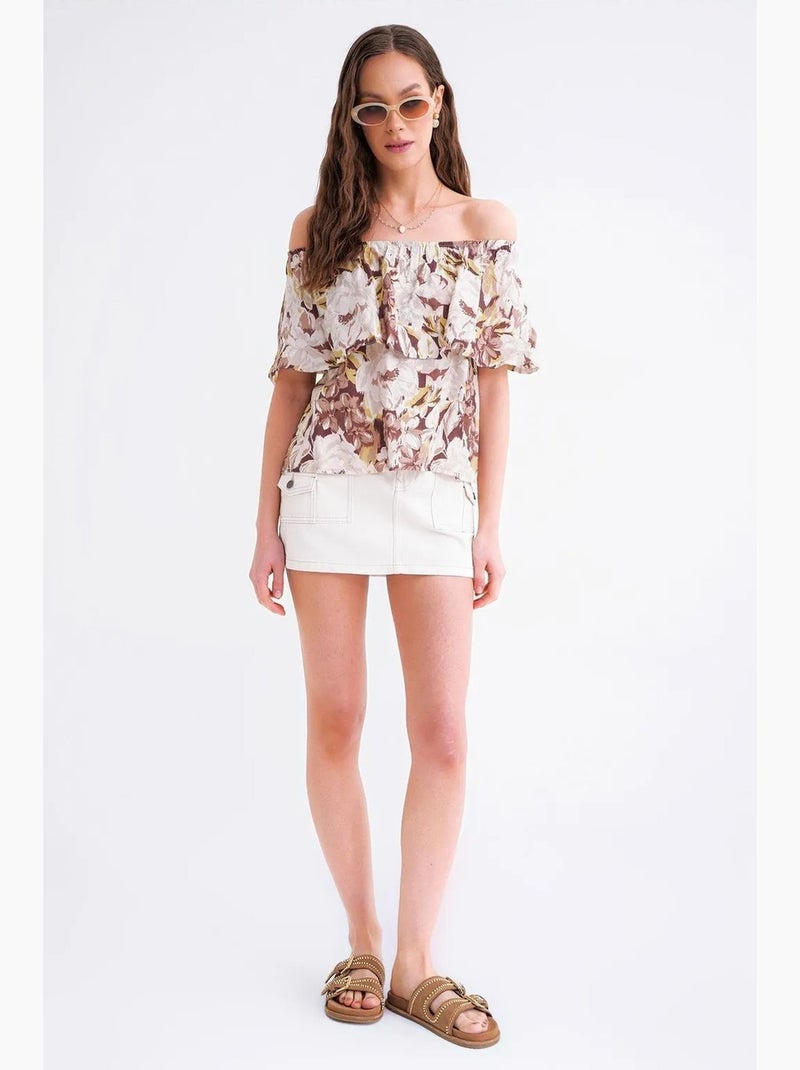 Blouse imprimé fleuri épaules dénudées mixray Camel - Kiabi