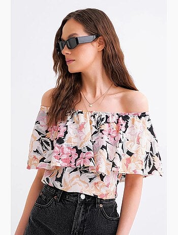 Blouse imprimé fleuri épaules dénudées mixray