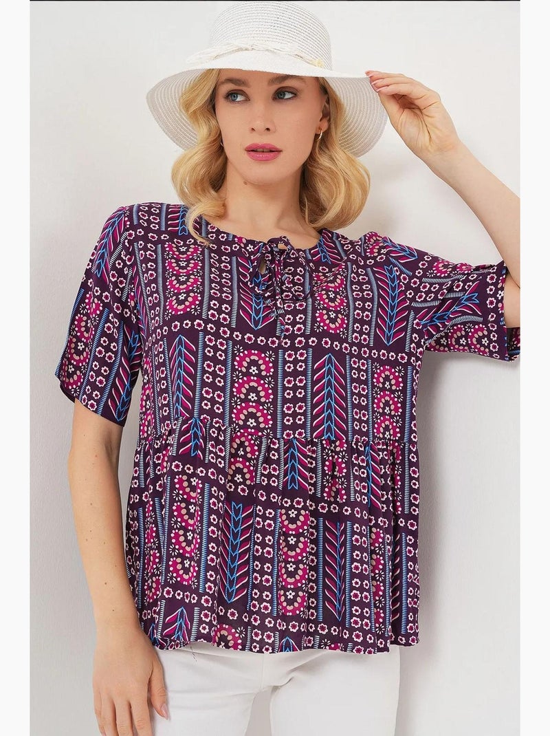 Blouse imprimée à col rond détail nœud bdart Rouge bordeaux - Kiabi