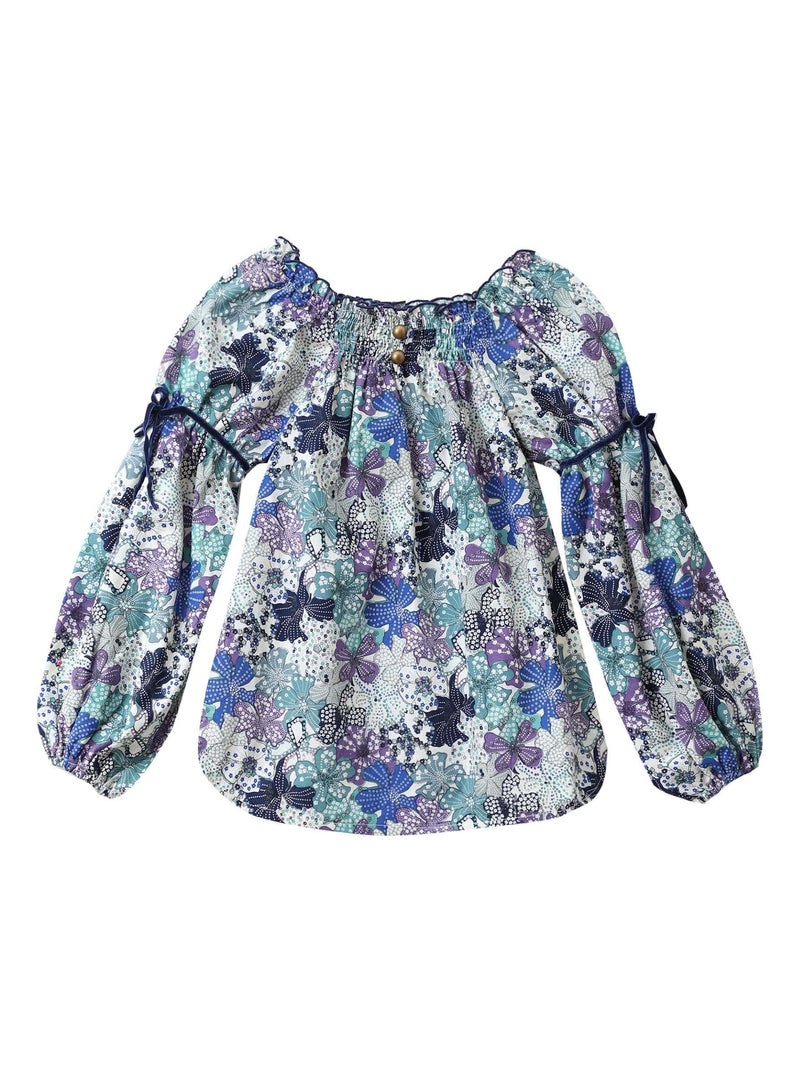 Blouse Intersaison Fleurie   Liberty  et   Col Smocks  CHIMENE - La Faute à Voltaire Bleu Violet clair Blanc - Kiabi