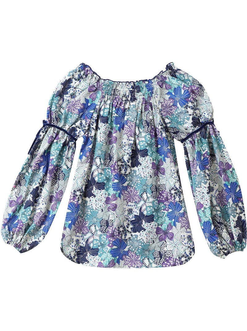 Blouse Intersaison Fleurie   Liberty  et   Col Smocks  CHIMENE - La Faute à Voltaire Bleu Violet clair Blanc - Kiabi