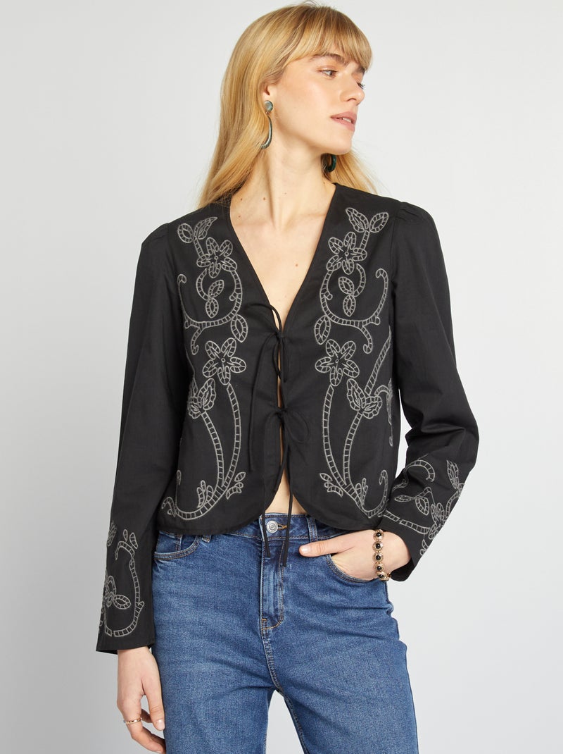 Blouse kimono brodé noir - Kiabi