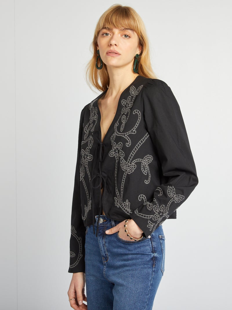 Blouse kimono brodé noir - Kiabi