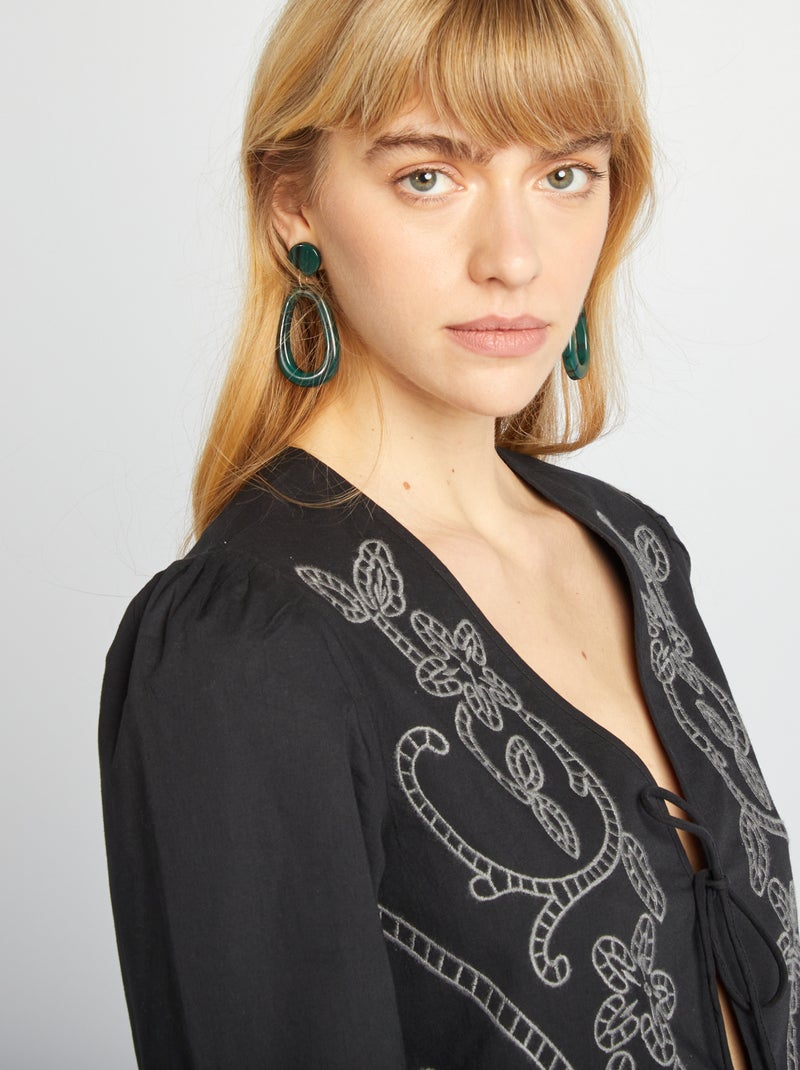 Blouse kimono brodé noir - Kiabi