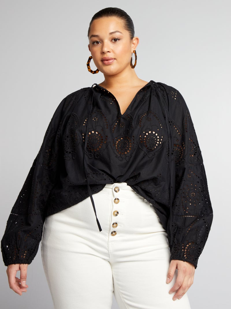 Blouse large en broderie anglaise noir - Kiabi