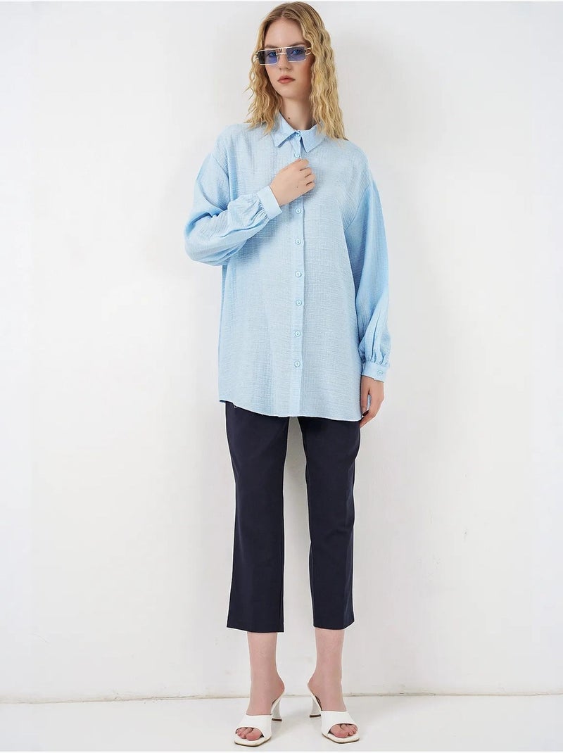 Blouse longue oversize texturée avec col chemise bdart Bleu clair - Kiabi