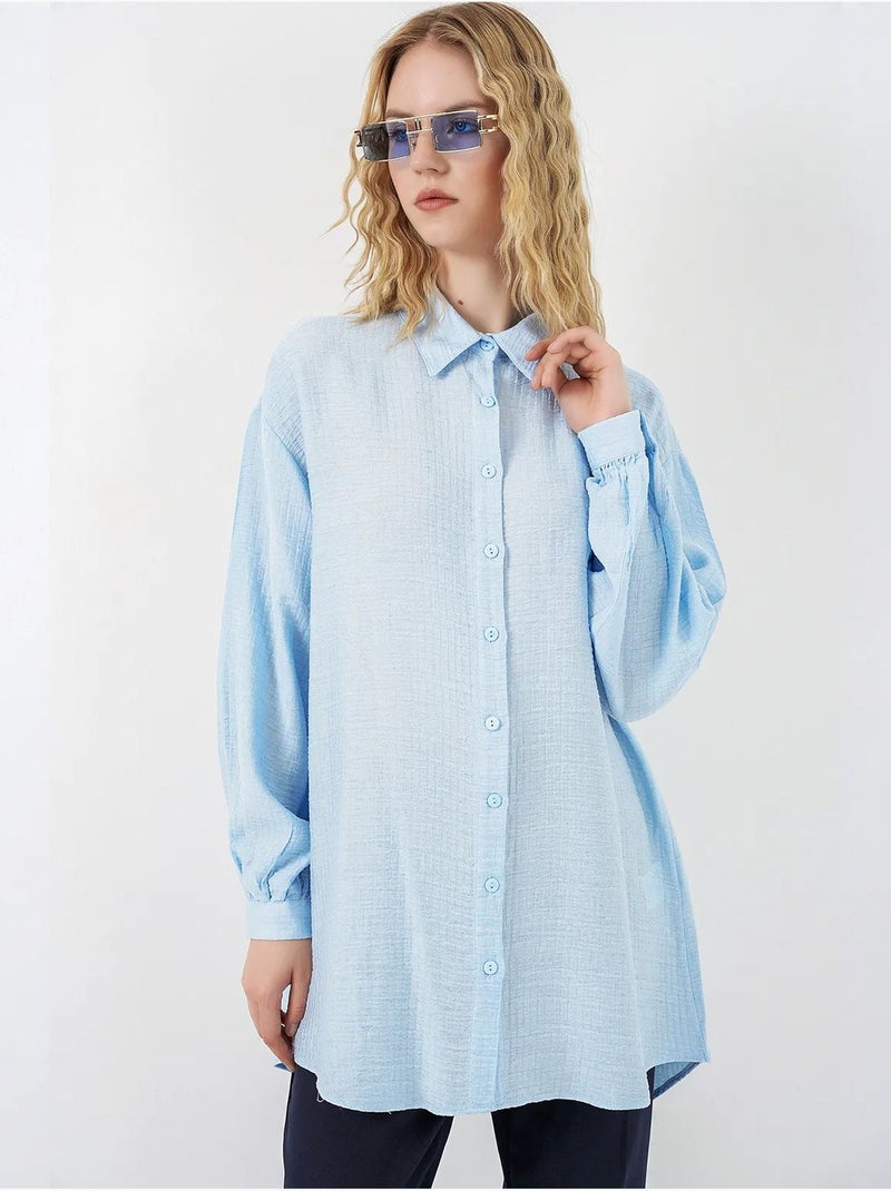Blouse longue oversize texturée avec col chemise bdart Bleu clair - Kiabi