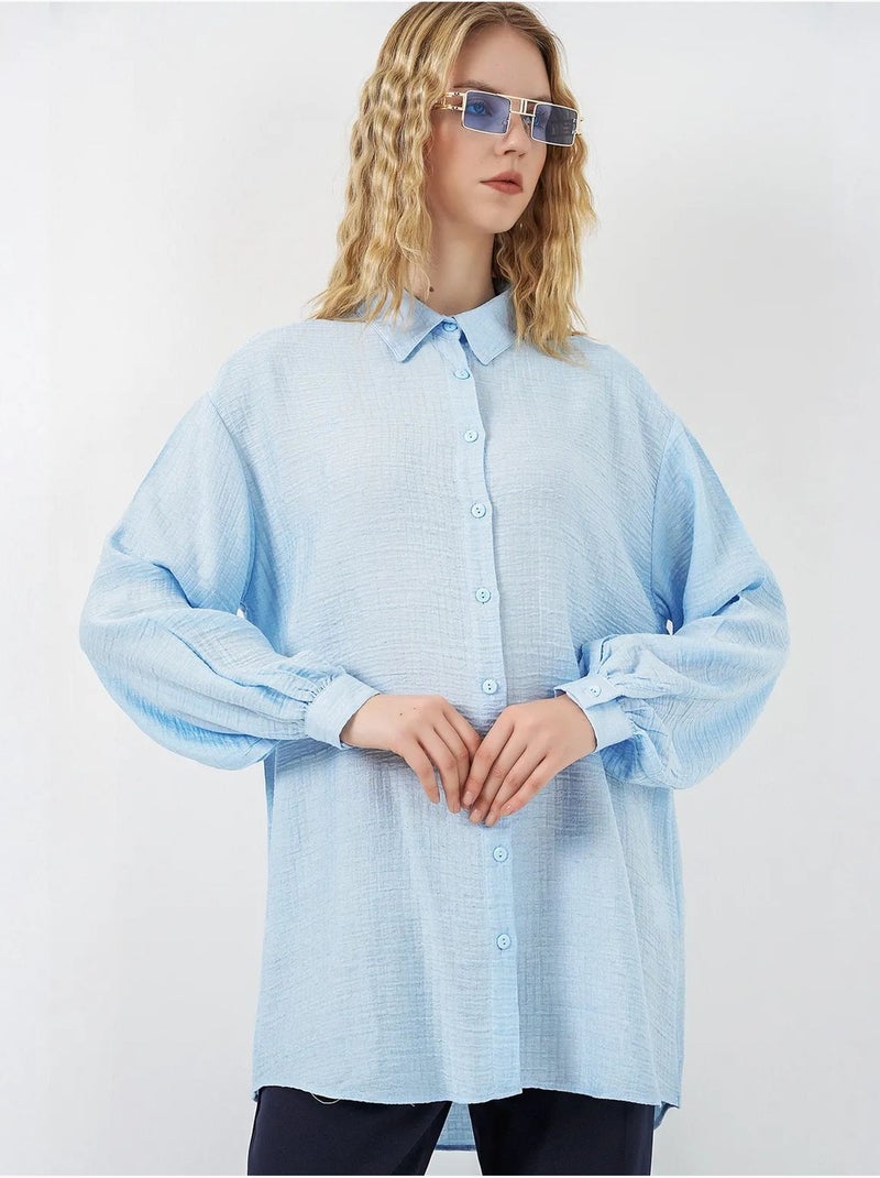 Blouse longue oversize texturée avec col chemise bdart Bleu clair - Kiabi