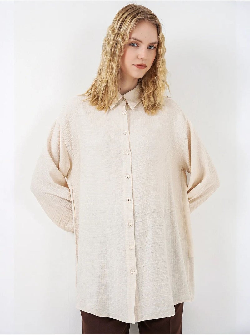 Blouse longue oversize texturée avec col chemise bdart Crème - Kiabi