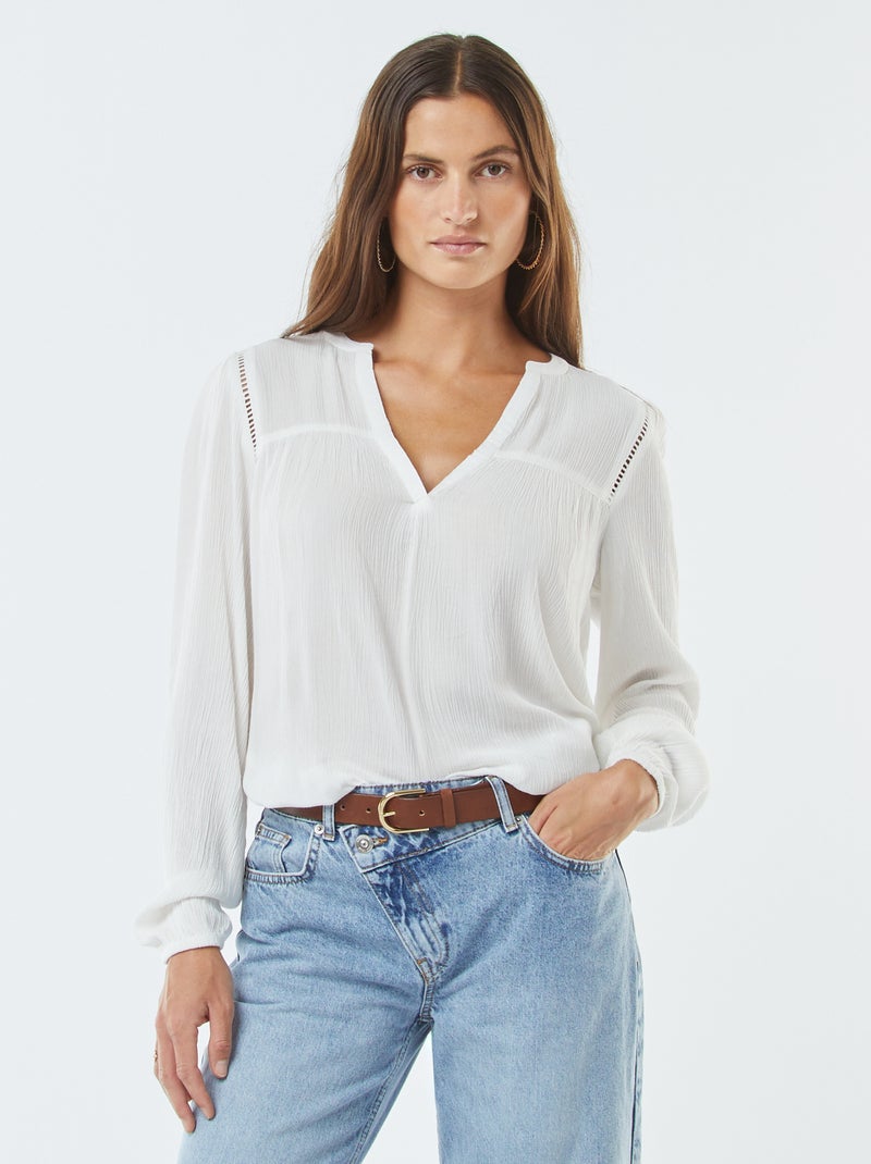 Blouse maille crêpe avec bord ajouré Blanc - Kiabi
