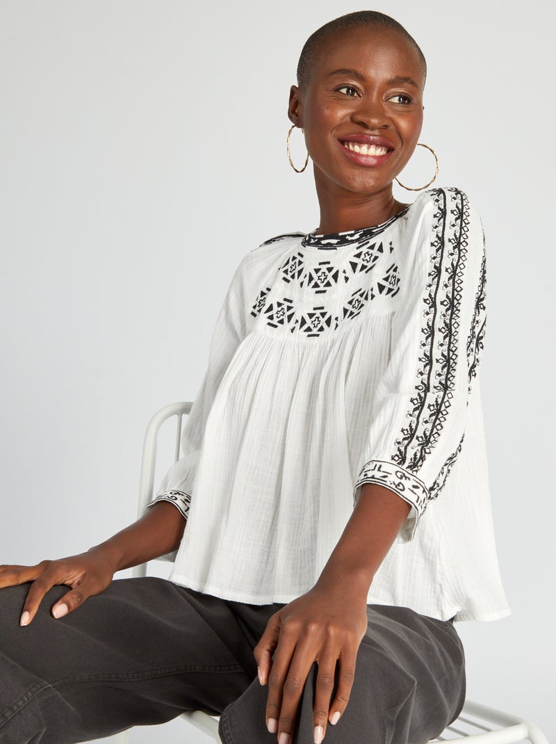 Blouse manches bouffantes broderie noire Blanc/noir - Kiabi