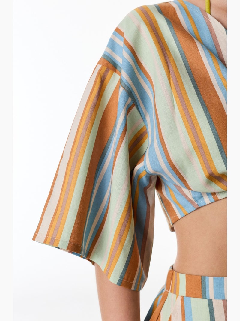 Blouse manches courtes en lin à rayures penti Bleu - Kiabi