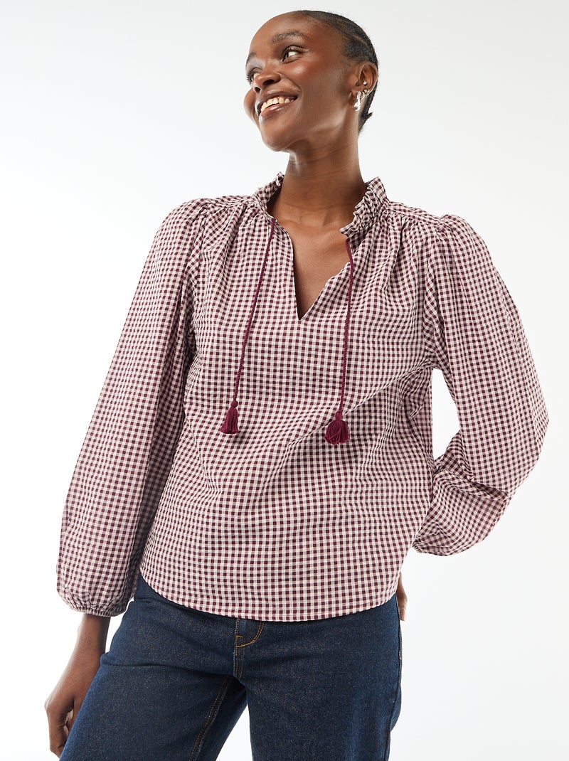Blouse manches longues à carreaux Rose - Kiabi