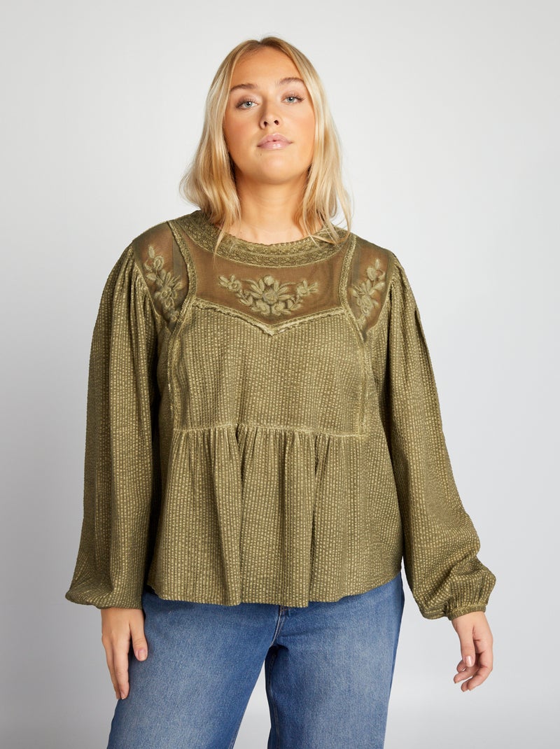Blouse manches longues avec broderies Kaki - Kiabi