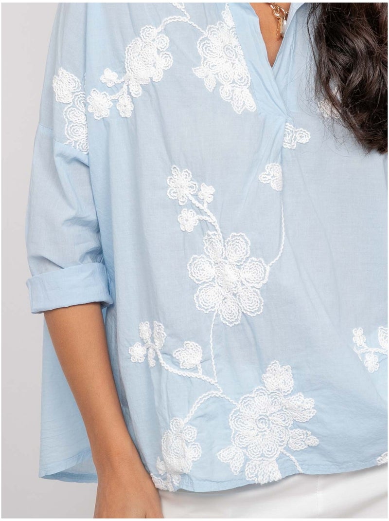Blouse manches longues broderie OPEYA Bleu ciel - Kiabi
