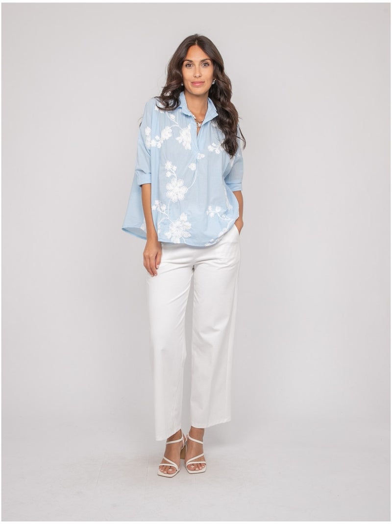 Blouse manches longues broderie OPEYA Bleu ciel - Kiabi