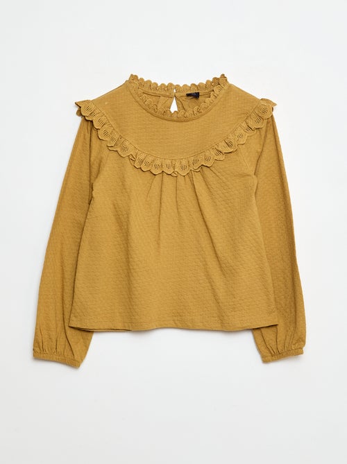 Blouse manches longues col rond avec plastron volanté avec broderies - Kiabi