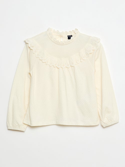 Blouse manches longues col rond avec plastron volanté avec broderies - Kiabi