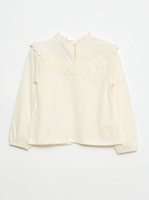 Blouse manches longues col rond avec plastron volanté avec broderies - Kiabi