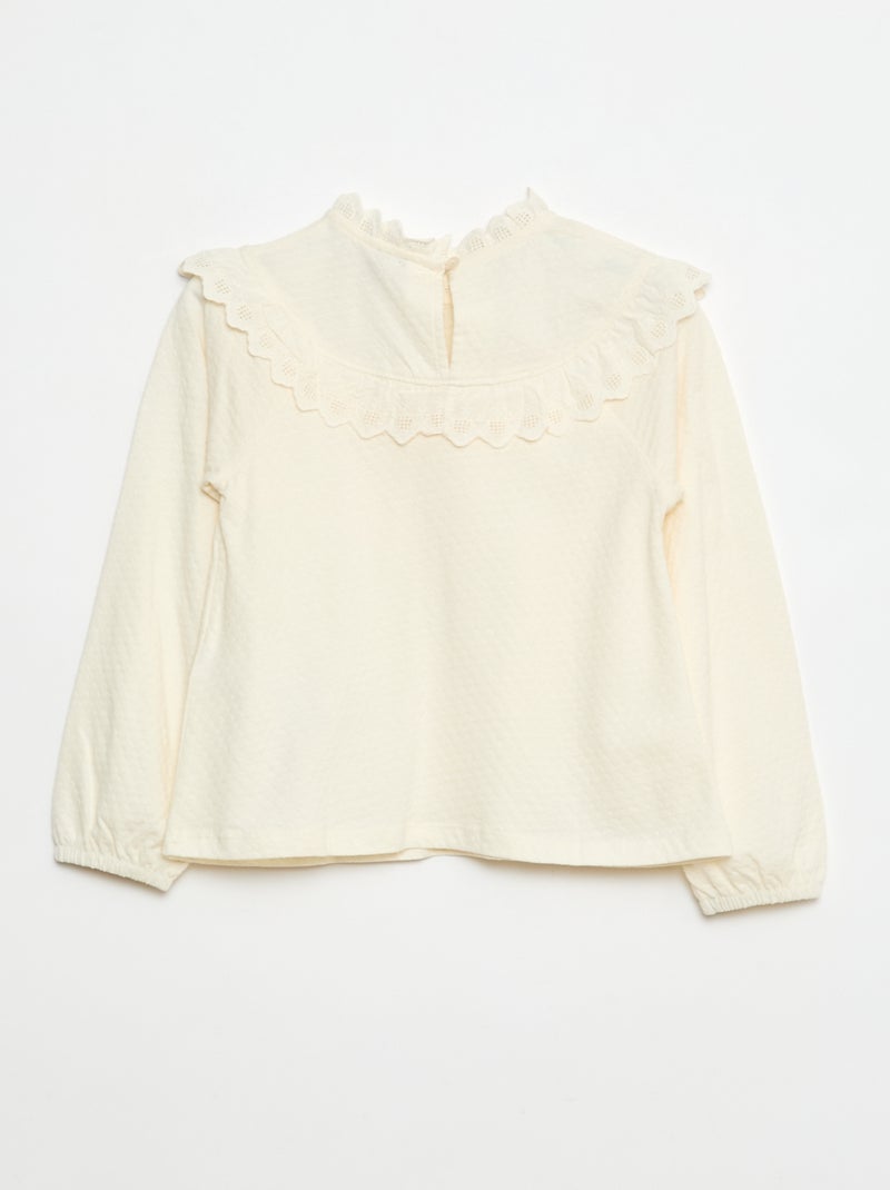 Blouse manches longues col rond avec plastron volanté avec broderies Blanc - Kiabi